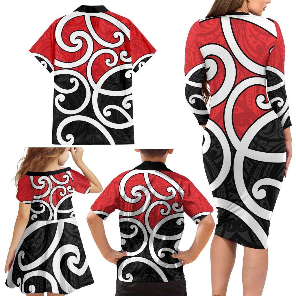 New Zealand Family Matching Long Sleeve Bodycon Dress and Hawaiian Shirt Maori Koru Tino Rangatiratanga Color - Polynesian Pride