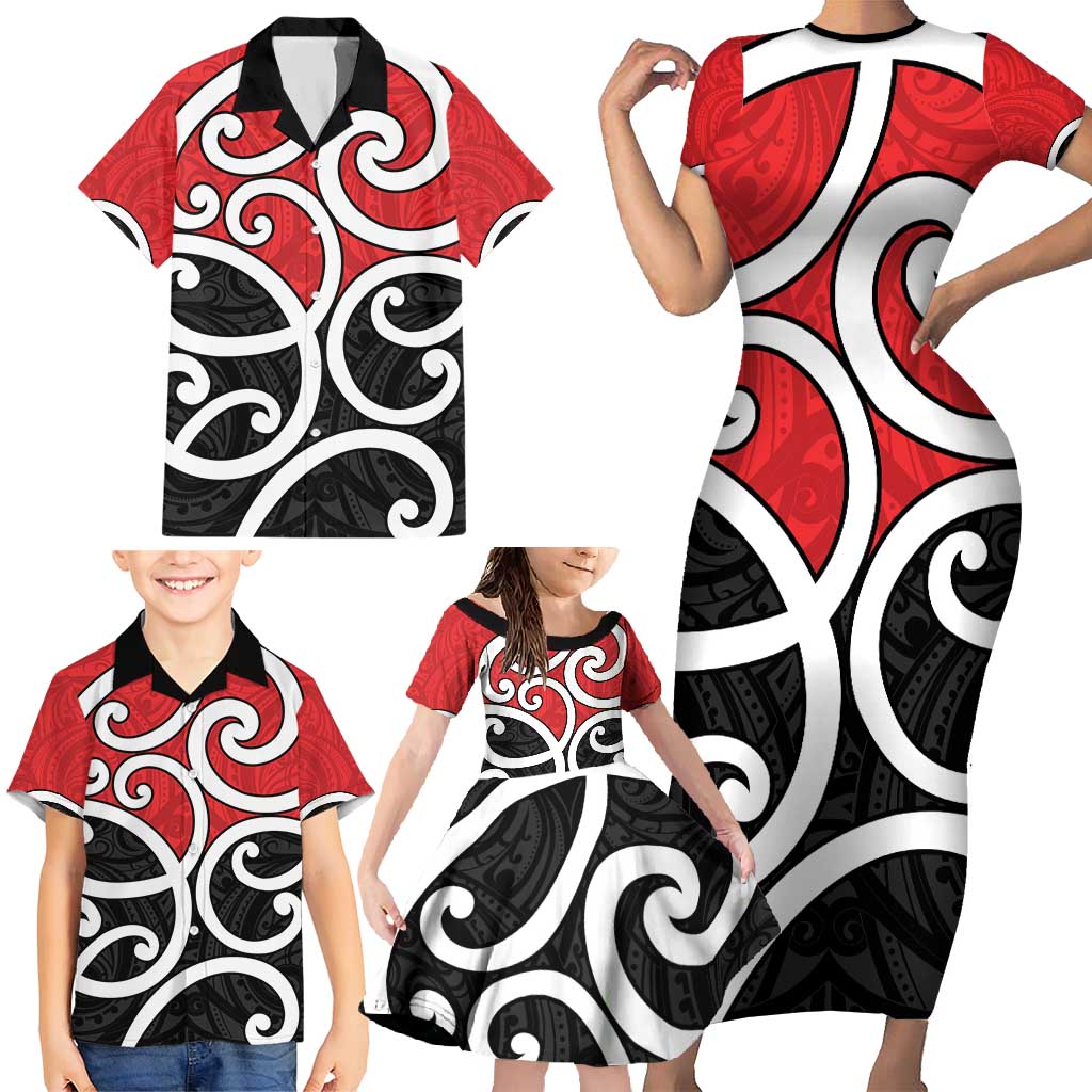New Zealand Family Matching Short Sleeve Bodycon Dress and Hawaiian Shirt Maori Koru Tino Rangatiratanga Color - Polynesian Pride