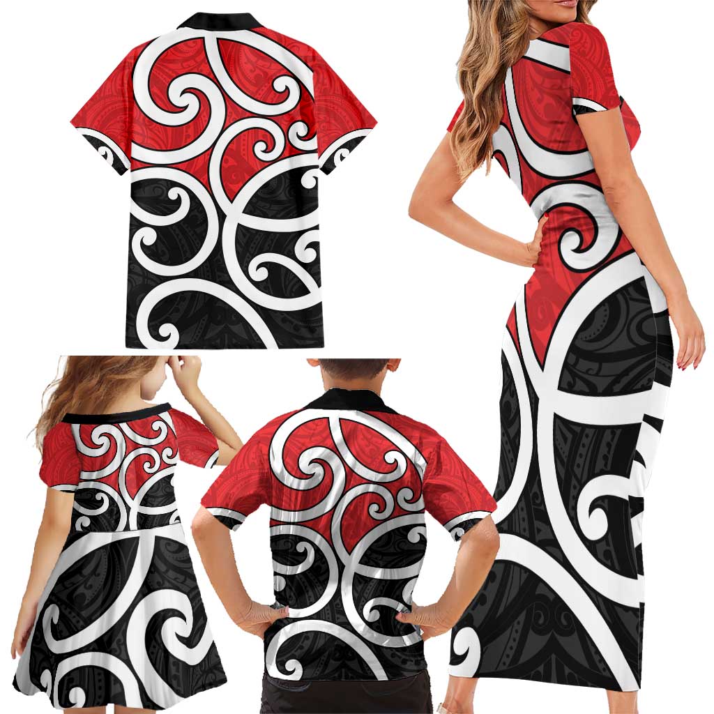 New Zealand Family Matching Short Sleeve Bodycon Dress and Hawaiian Shirt Maori Koru Tino Rangatiratanga Color - Polynesian Pride