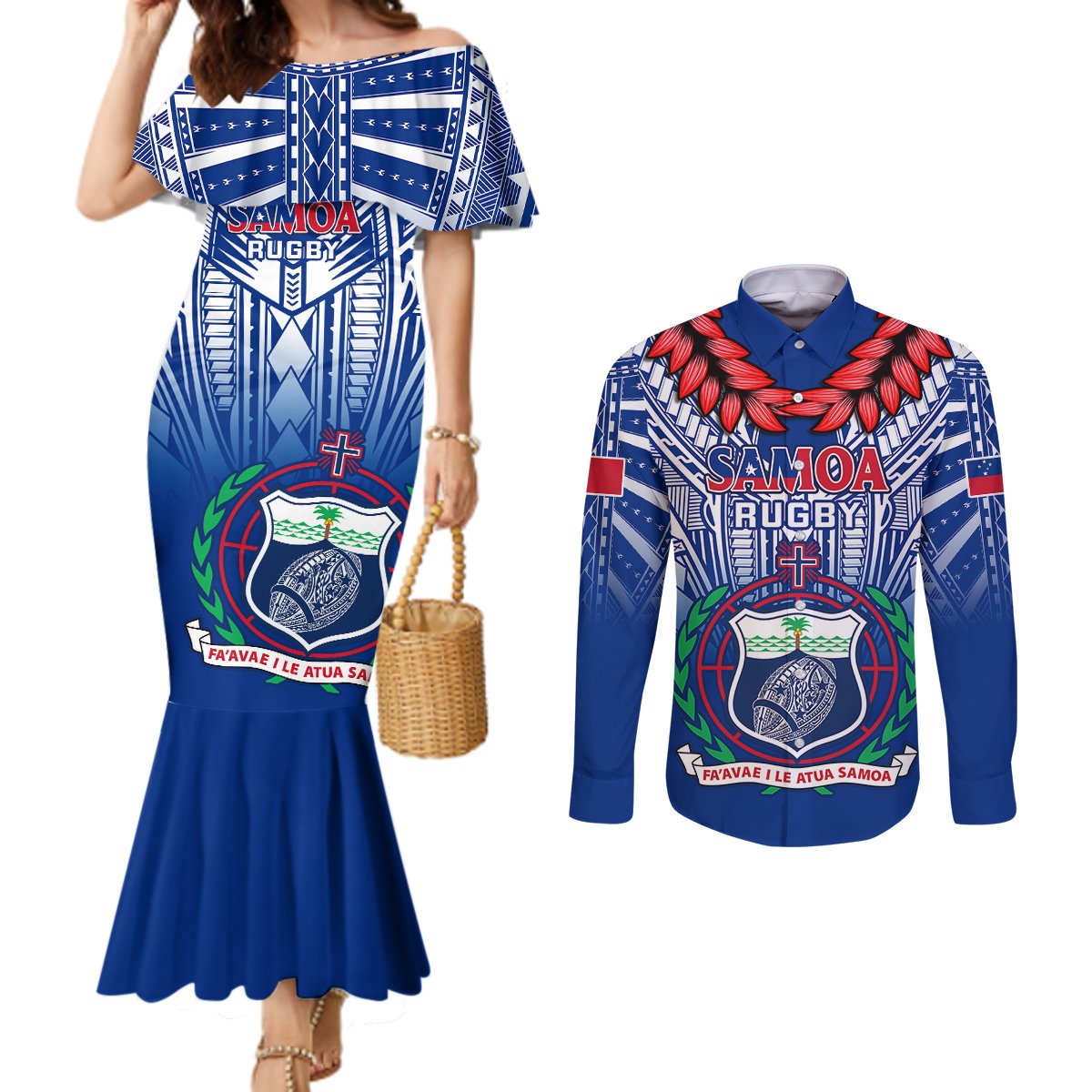 Samoa Rugby Couples Matching Mermaid Dress and Long Sleeve Button Shirts 2023 Go Manu Samoa With Ula Fala Style LT14 Blue - Polynesian Pride