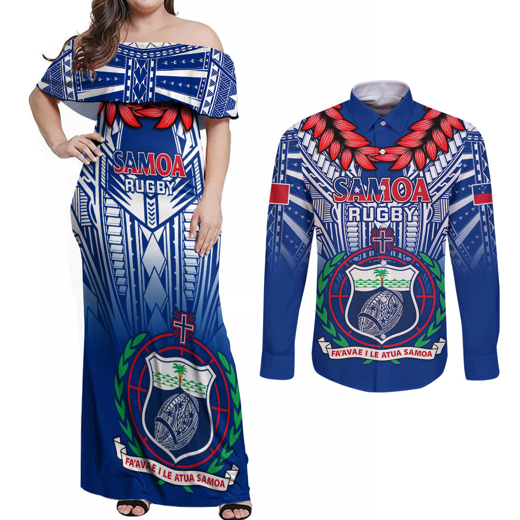 Samoa Rugby Couples Matching Off Shoulder Maxi Dress and Long Sleeve Button Shirts 2023 Go Manu Samoa With Ula Fala Style LT14 Blue - Polynesian Pride