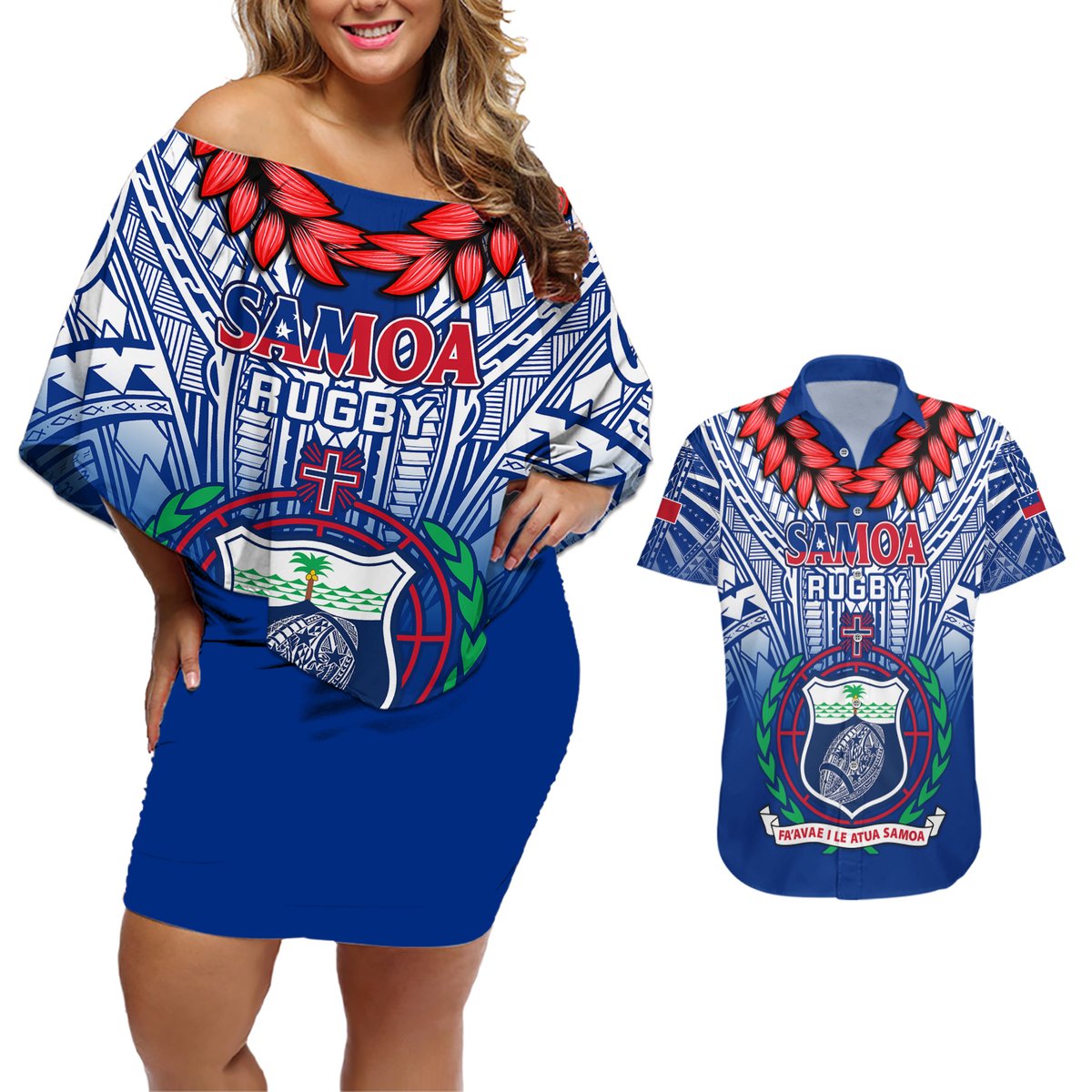 Samoa Rugby Couples Matching Off Shoulder Short Dress and Hawaiian Shirt 2023 Go Manu Samoa With Ula Fala Style LT14 Blue - Polynesian Pride