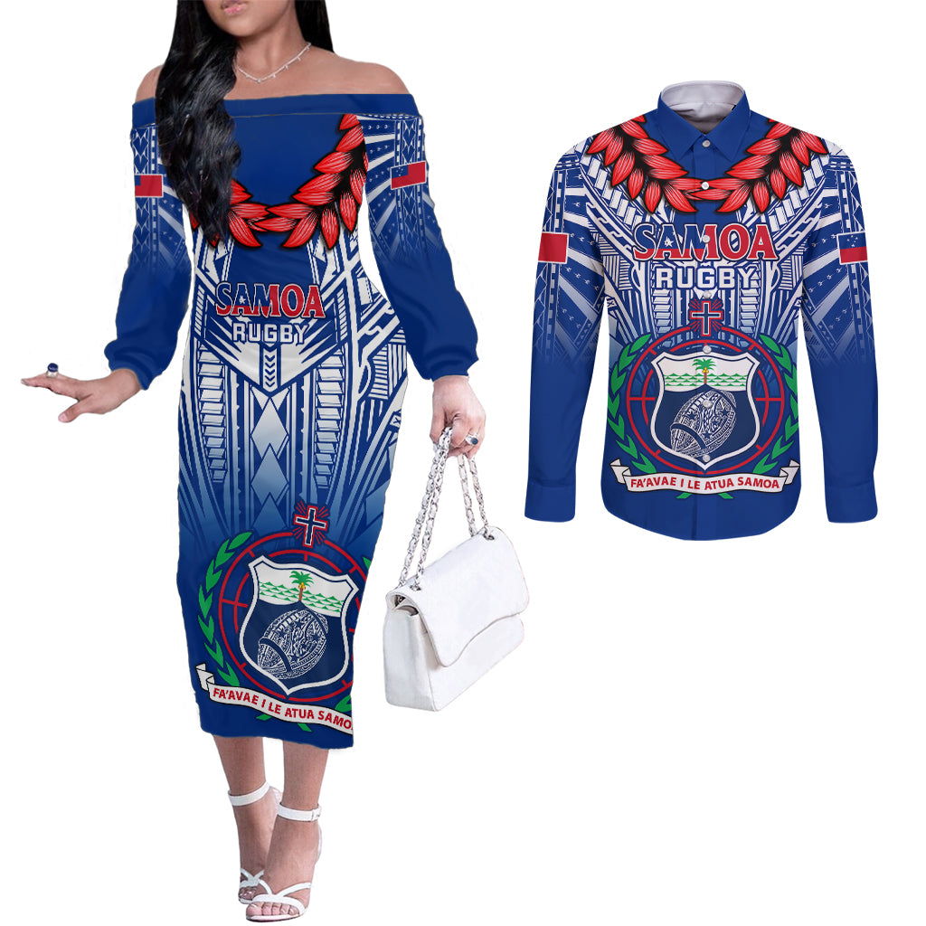 Samoa Rugby Couples Matching Off The Shoulder Long Sleeve Dress and Long Sleeve Button Shirts 2023 Go Manu Samoa With Ula Fala Style LT14 Blue - Polynesian Pride