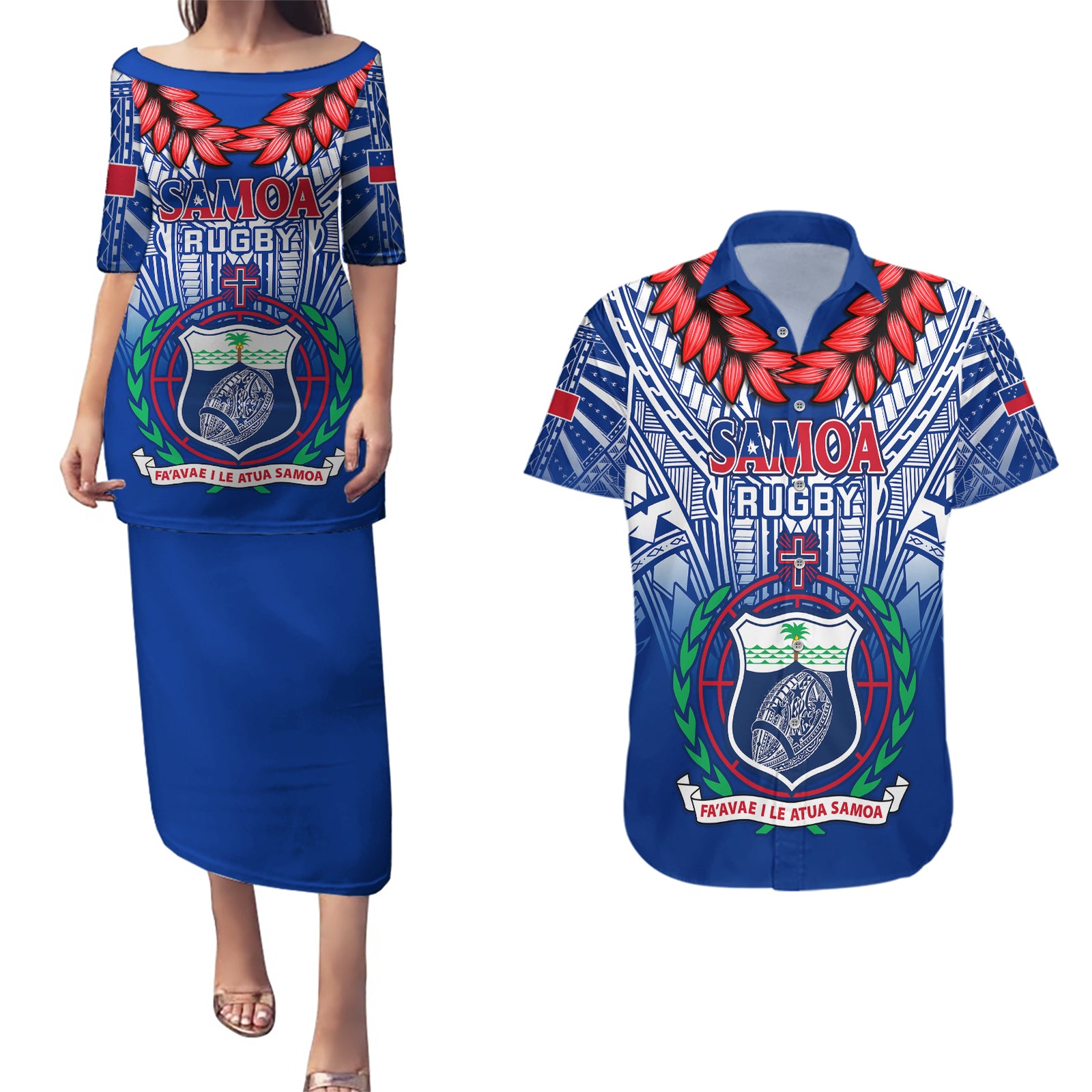 Samoa Rugby Couples Matching Puletasi Dress and Hawaiian Shirt 2023 Go Manu Samoa With Ula Fala Style LT14 Blue - Polynesian Pride