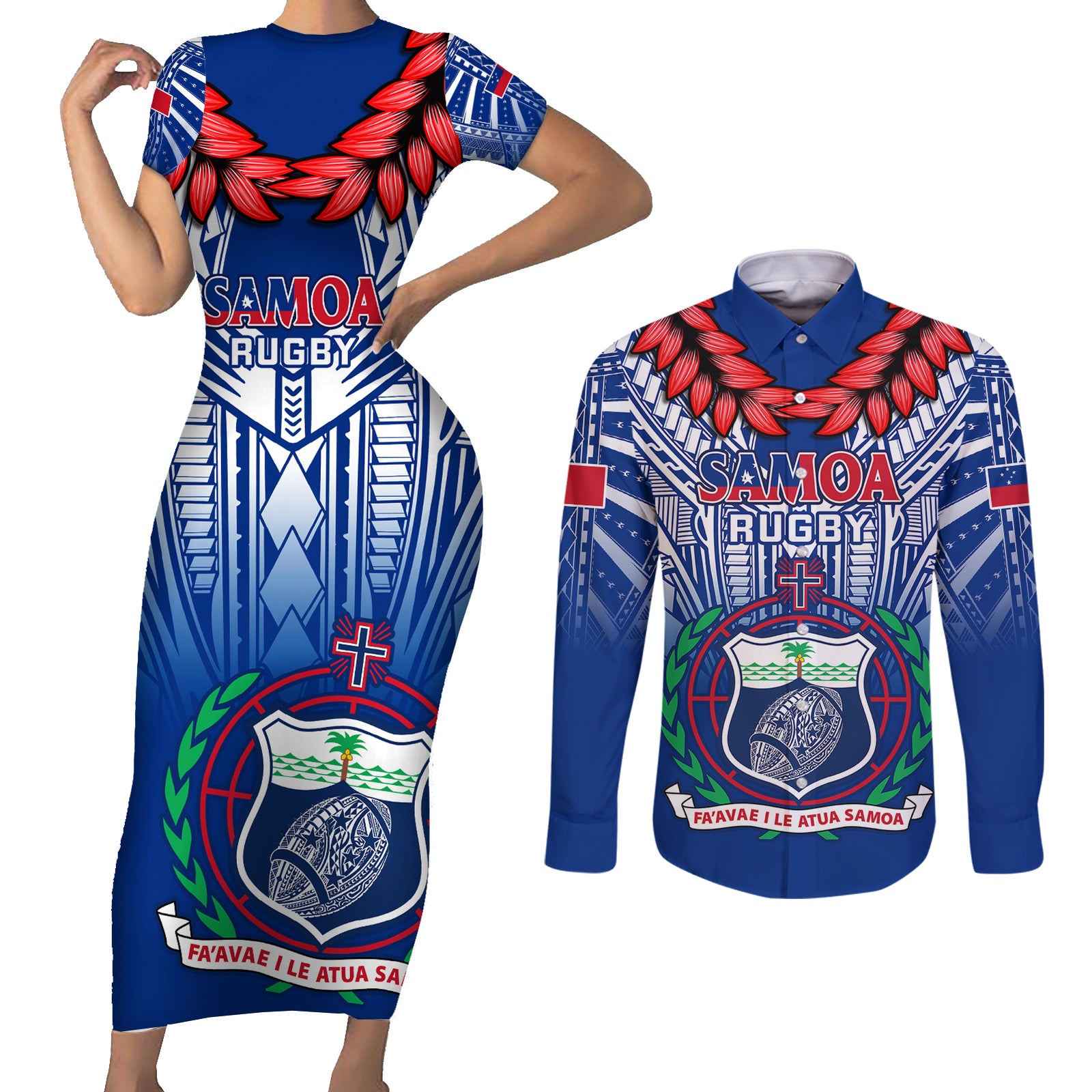 Samoa Rugby Couples Matching Short Sleeve Bodycon Dress and Long Sleeve Button Shirts 2023 Go Manu Samoa With Ula Fala Style LT14 Blue - Polynesian Pride