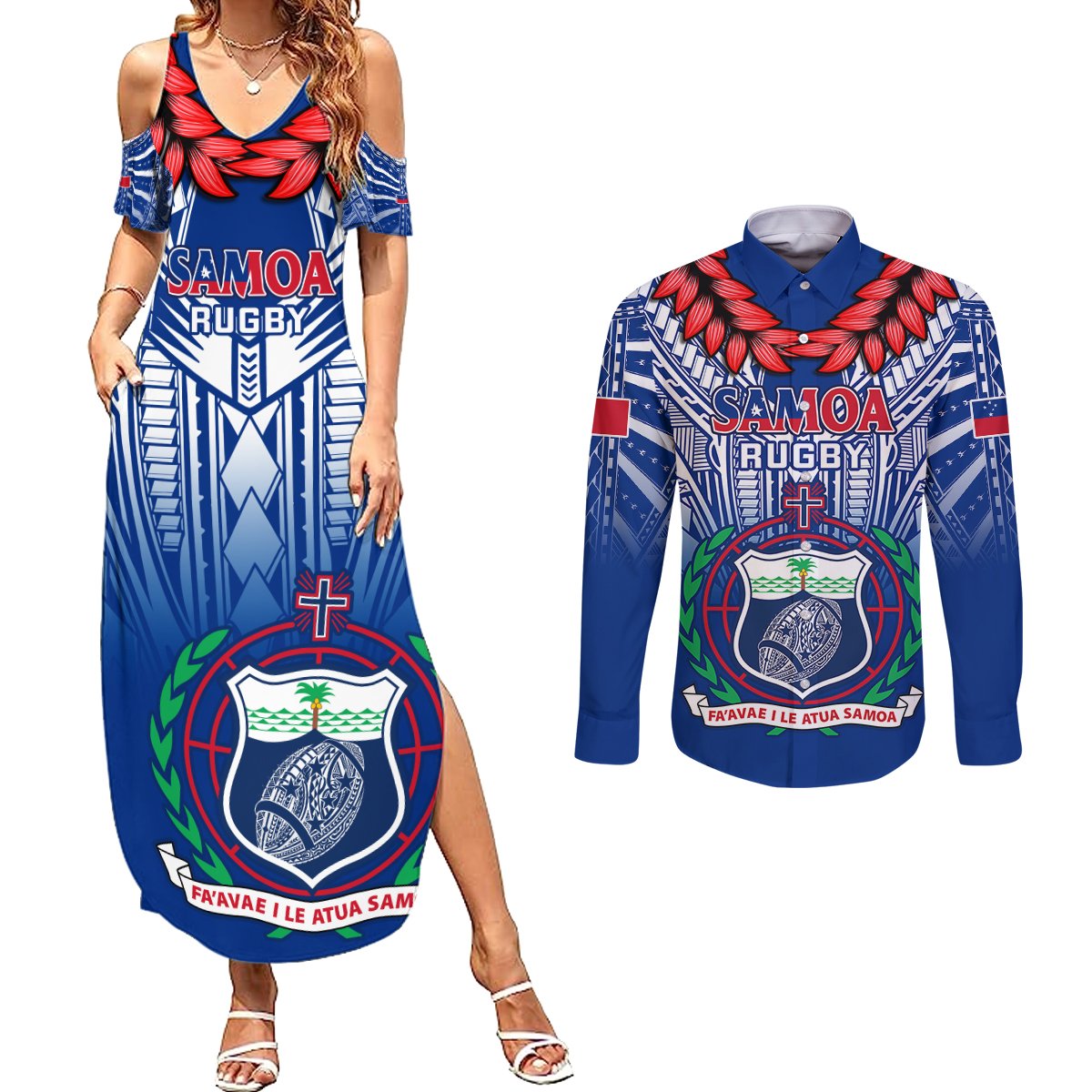 Samoa Rugby Couples Matching Summer Maxi Dress and Long Sleeve Button Shirts 2023 Go Manu Samoa With Ula Fala Style LT14 Blue - Polynesian Pride