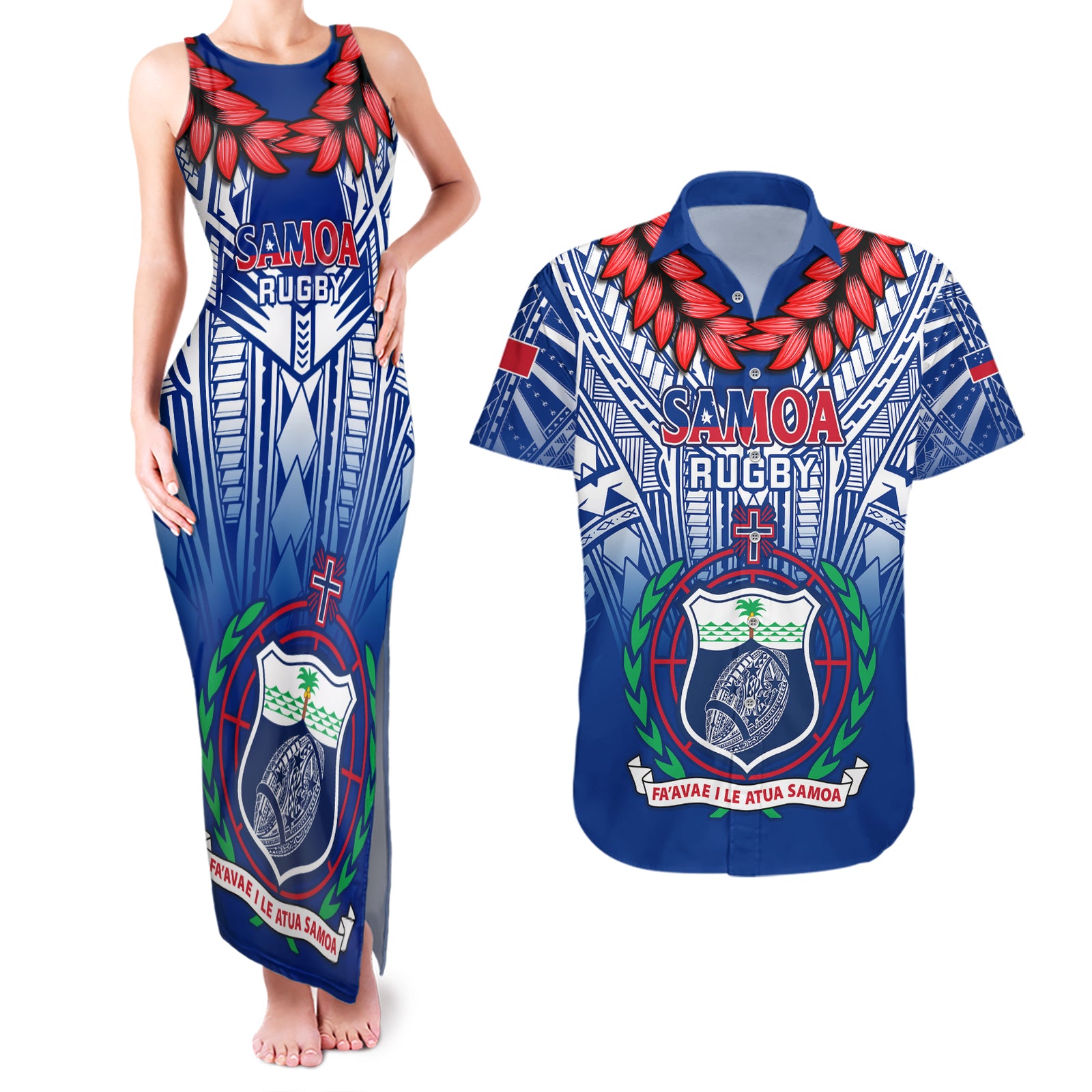 Samoa Rugby Couples Matching Tank Maxi Dress and Hawaiian Shirt 2023 Go Manu Samoa With Ula Fala Style LT14 Blue - Polynesian Pride