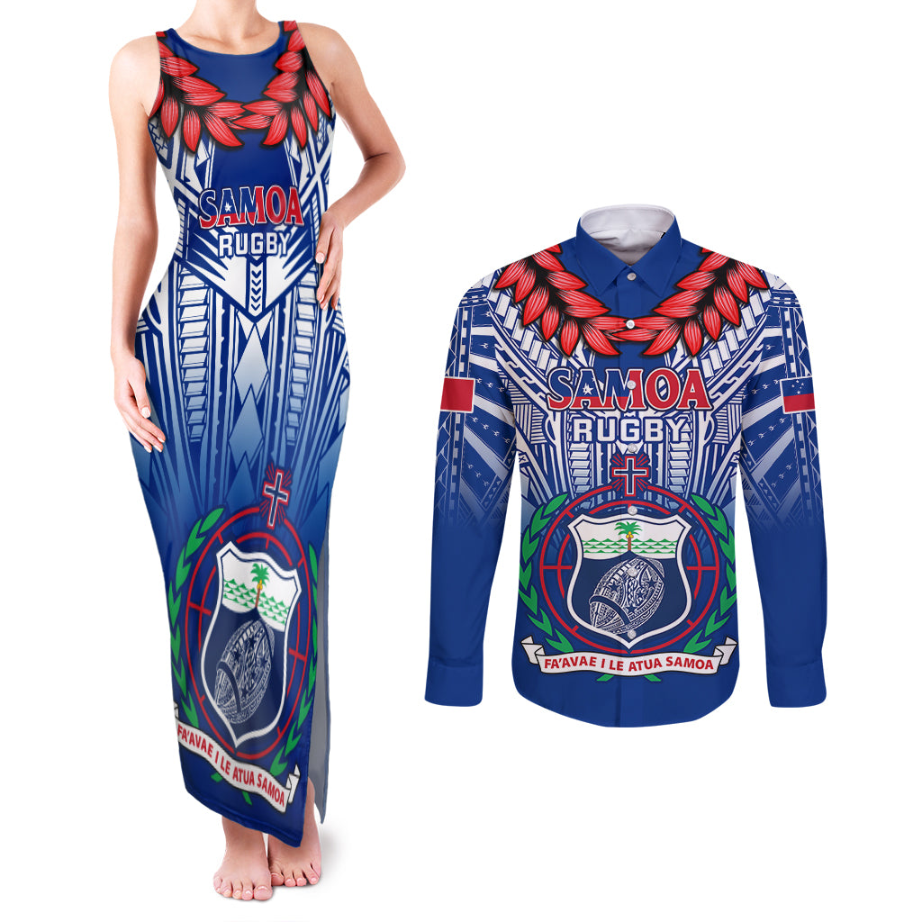 Samoa Rugby Couples Matching Tank Maxi Dress and Long Sleeve Button Shirts 2023 Go Manu Samoa With Ula Fala Style LT14 Blue - Polynesian Pride