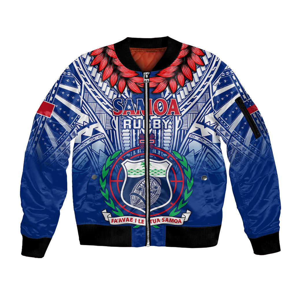 Samoa Rugby Sleeve Zip Bomber Jacket 2023 Go Manu Samoa With Ula Fala Style LT14 Unisex Blue - Polynesian Pride