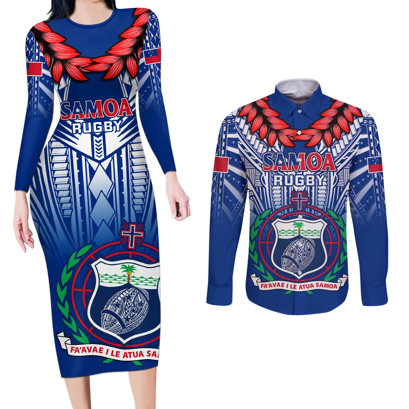Custom Samoa Rugby Couples Matching Long Sleeve Bodycon Dress and Long Sleeve Button Shirts 2023 Go Manu Samoa With Ula Fala Style LT14 Blue - Polynesian Pride
