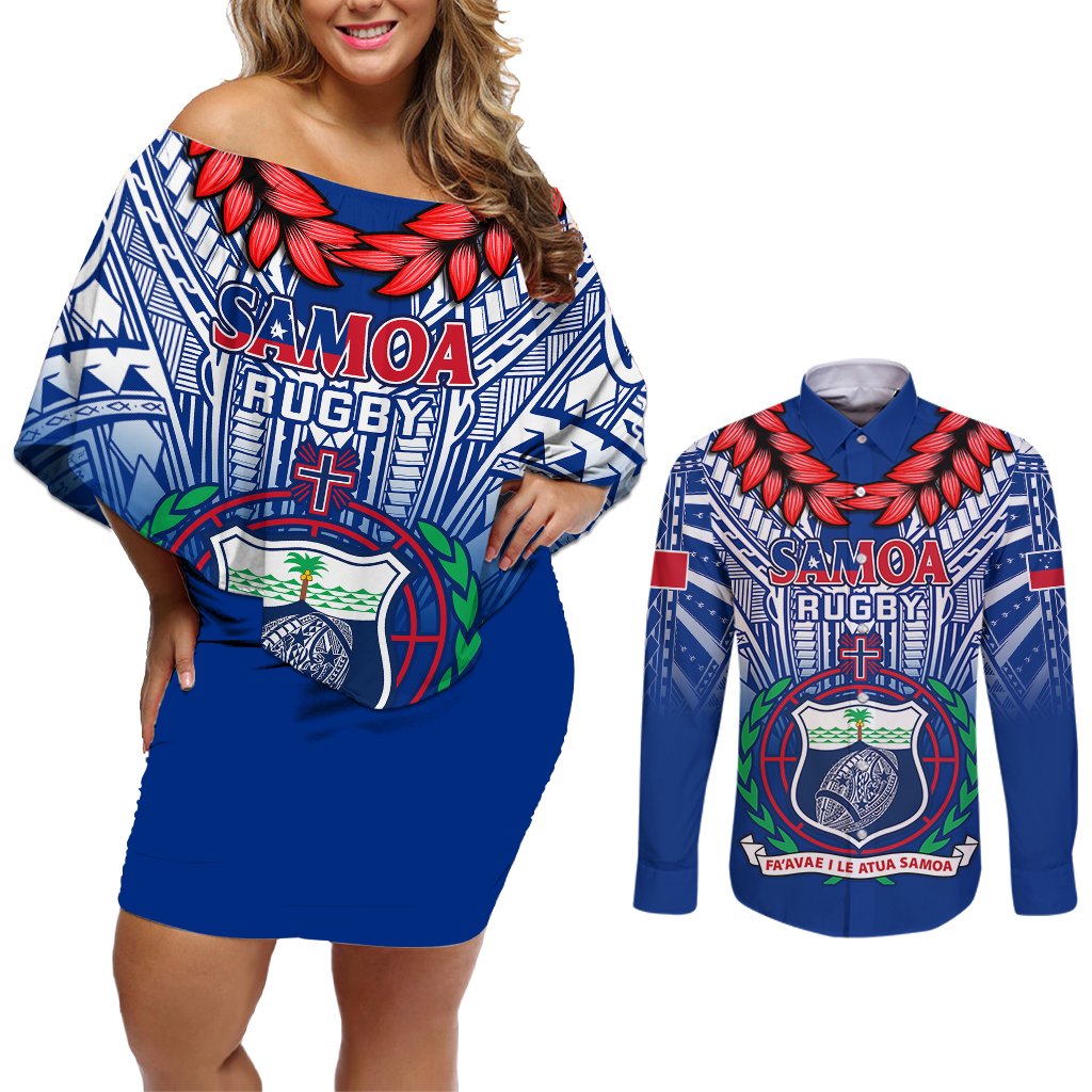 Custom Samoa Rugby Couples Matching Off Shoulder Short Dress and Long Sleeve Button Shirts 2023 Go Manu Samoa With Ula Fala Style LT14 Blue - Polynesian Pride