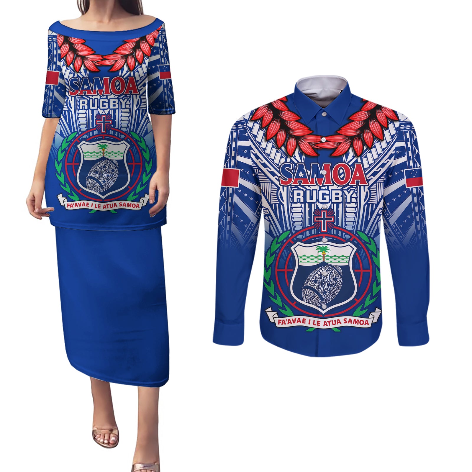 Custom Samoa Rugby Couples Matching Puletasi Dress and Long Sleeve Button Shirts 2023 Go Manu Samoa With Ula Fala Style LT14 Blue - Polynesian Pride