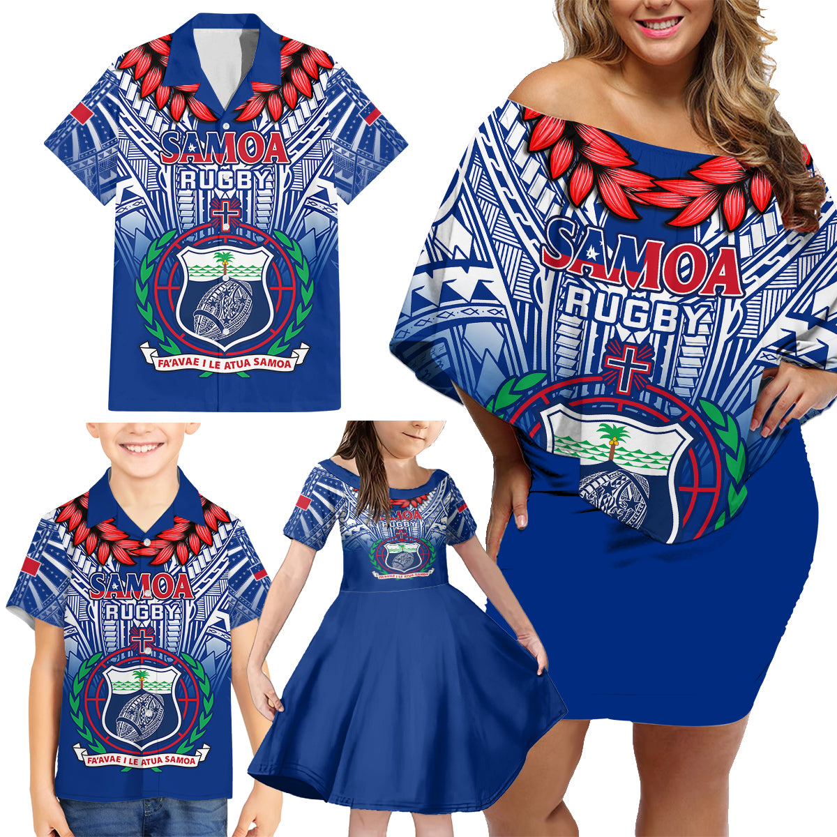 Custom Samoa Rugby Family Matching Off Shoulder Short Dress and Hawaiian Shirt 2023 Go Manu Samoa With Ula Fala Style LT14 - Polynesian Pride