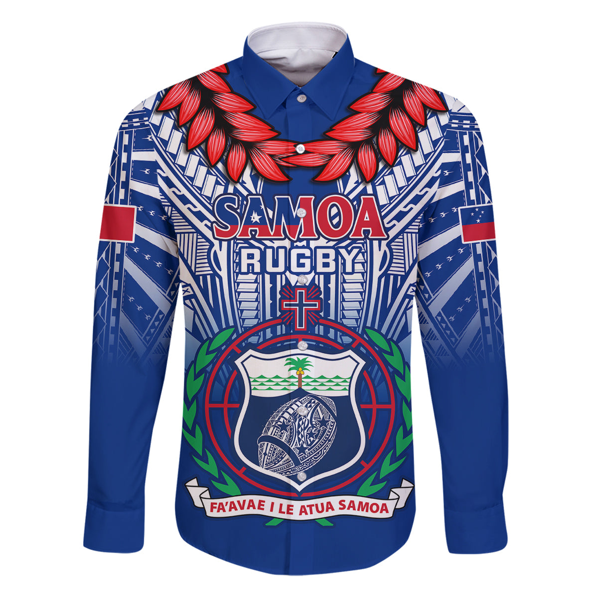 Custom Samoa Rugby Family Matching Puletasi Dress and Hawaiian Shirt 2023 Go Manu Samoa With Ula Fala Style LT14 Dad's Shirt - Long Sleeve Blue - Polynesian Pride