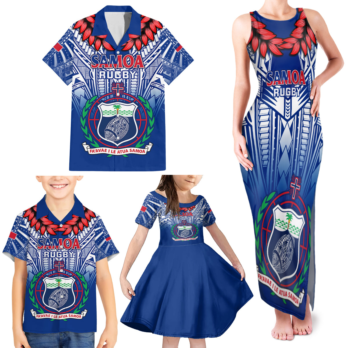 Custom Samoa Rugby Family Matching Tank Maxi Dress and Hawaiian Shirt 2023 Go Manu Samoa With Ula Fala Style LT14 - Polynesian Pride