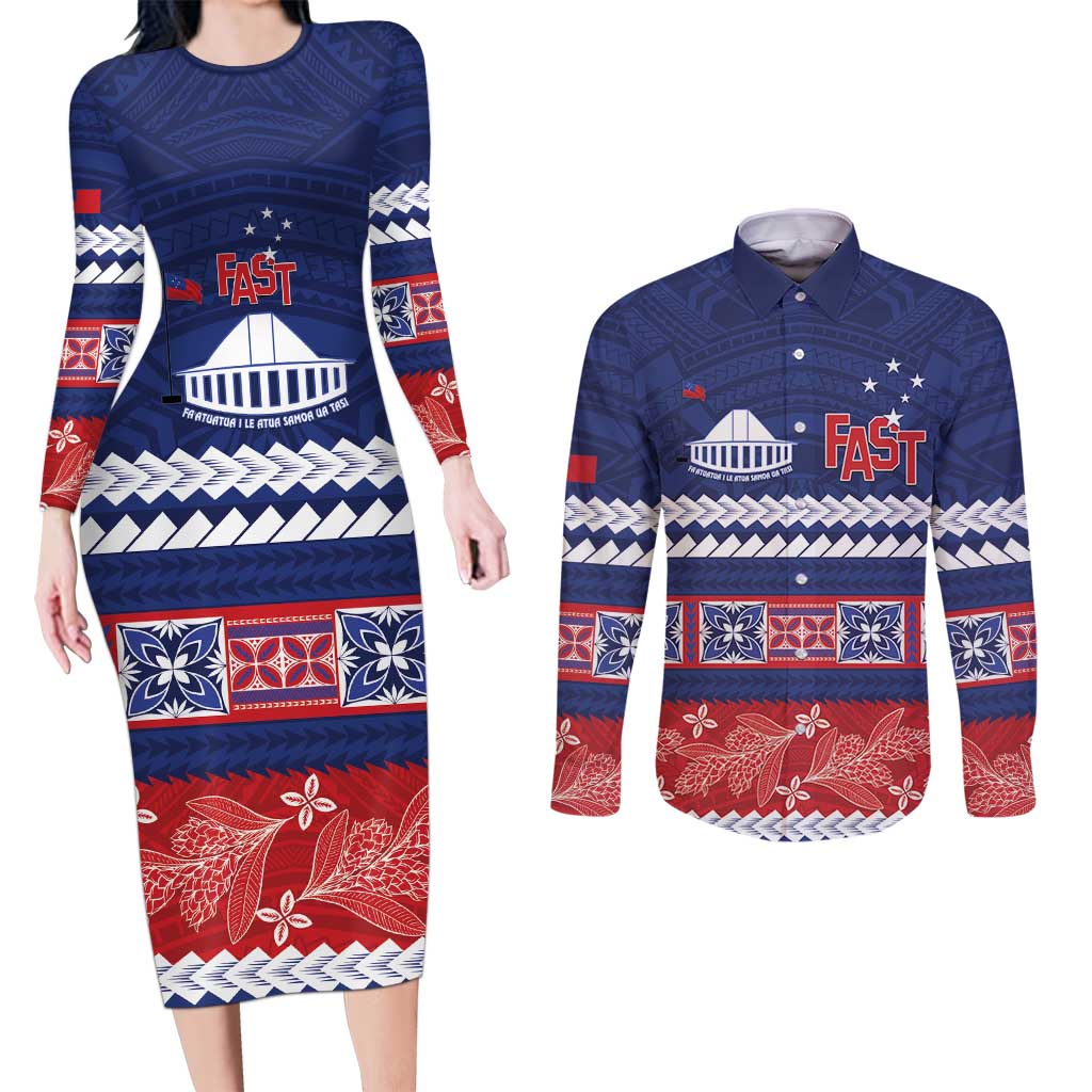Personalised FAST Samoa Siapo Couples Matching Long Sleeve Bodycon Dress and Long Sleeve Button Shirt Teuila Flowers Samoan Pattern LT14 Blue - Polynesian Pride