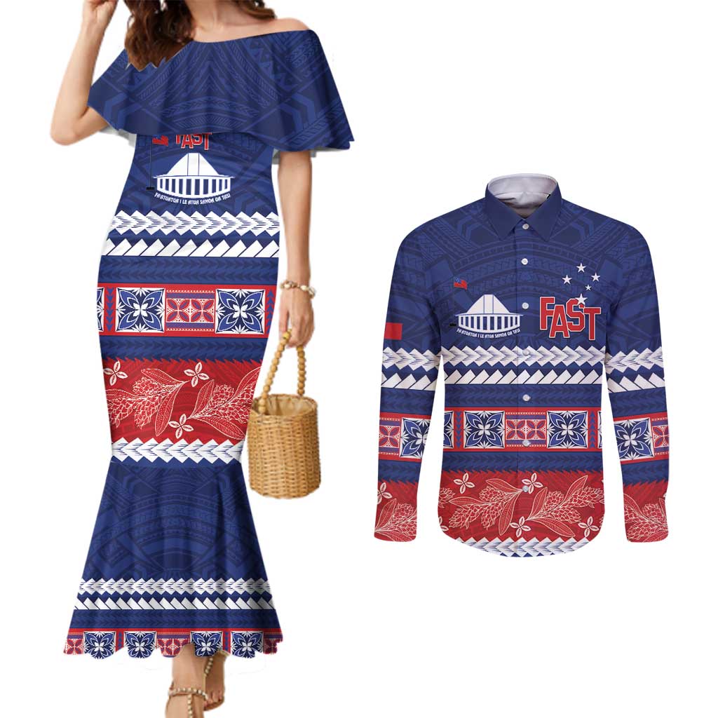 Personalised FAST Samoa Siapo Couples Matching Mermaid Dress and Long Sleeve Button Shirt Teuila Flowers Samoan Pattern LT14 Blue - Polynesian Pride