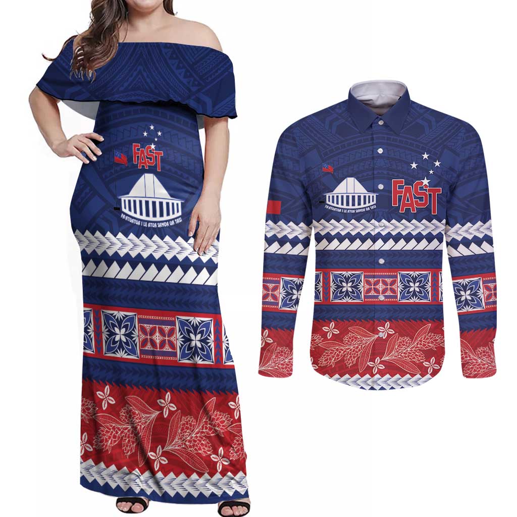 Personalised FAST Samoa Siapo Couples Matching Off Shoulder Maxi Dress and Long Sleeve Button Shirt Teuila Flowers Samoan Pattern LT14 Blue - Polynesian Pride