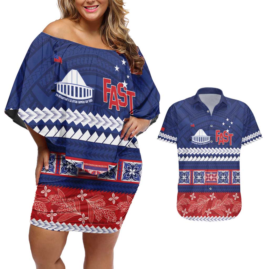 Personalised FAST Samoa Siapo Couples Matching Off Shoulder Short Dress and Hawaiian Shirt Teuila Flowers Samoan Pattern - Polynesian Pride