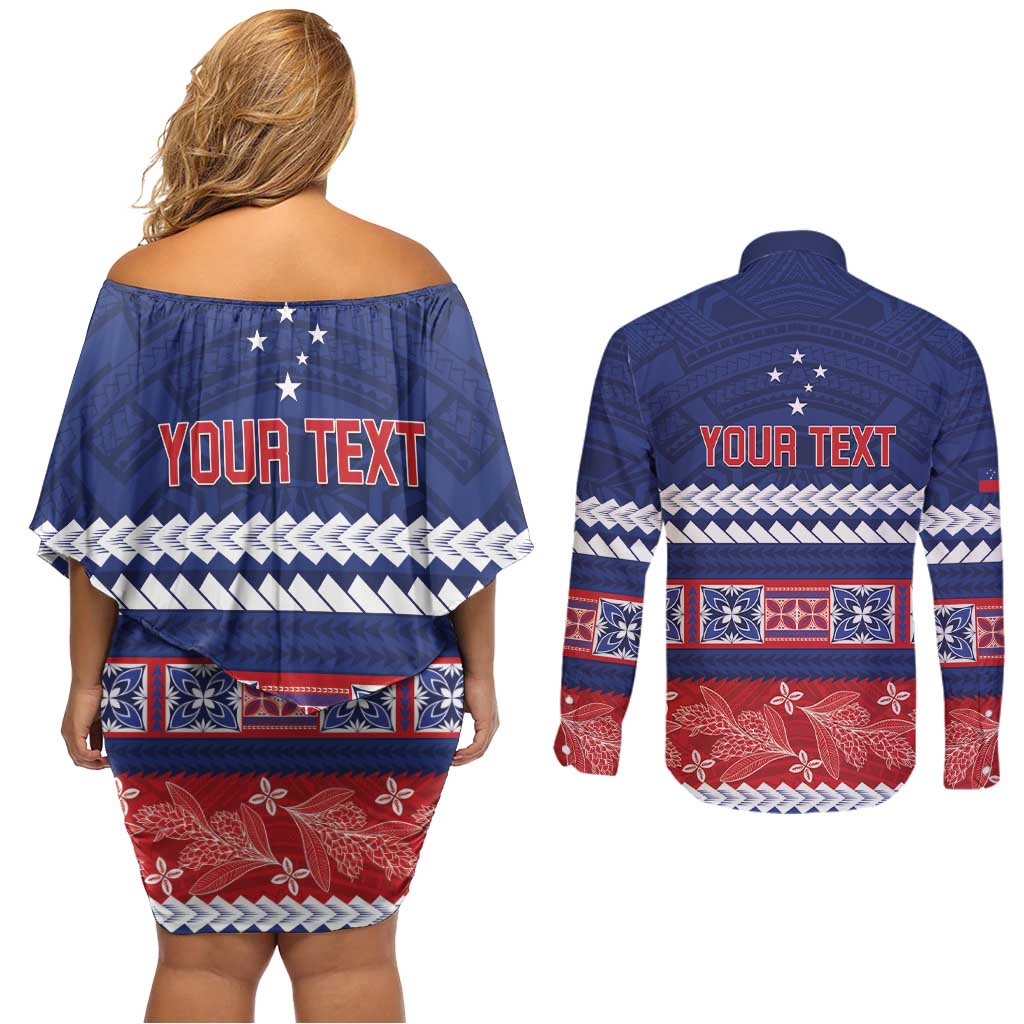 Personalised FAST Samoa Siapo Couples Matching Off Shoulder Short Dress and Long Sleeve Button Shirt Teuila Flowers Samoan Pattern - Polynesian Pride