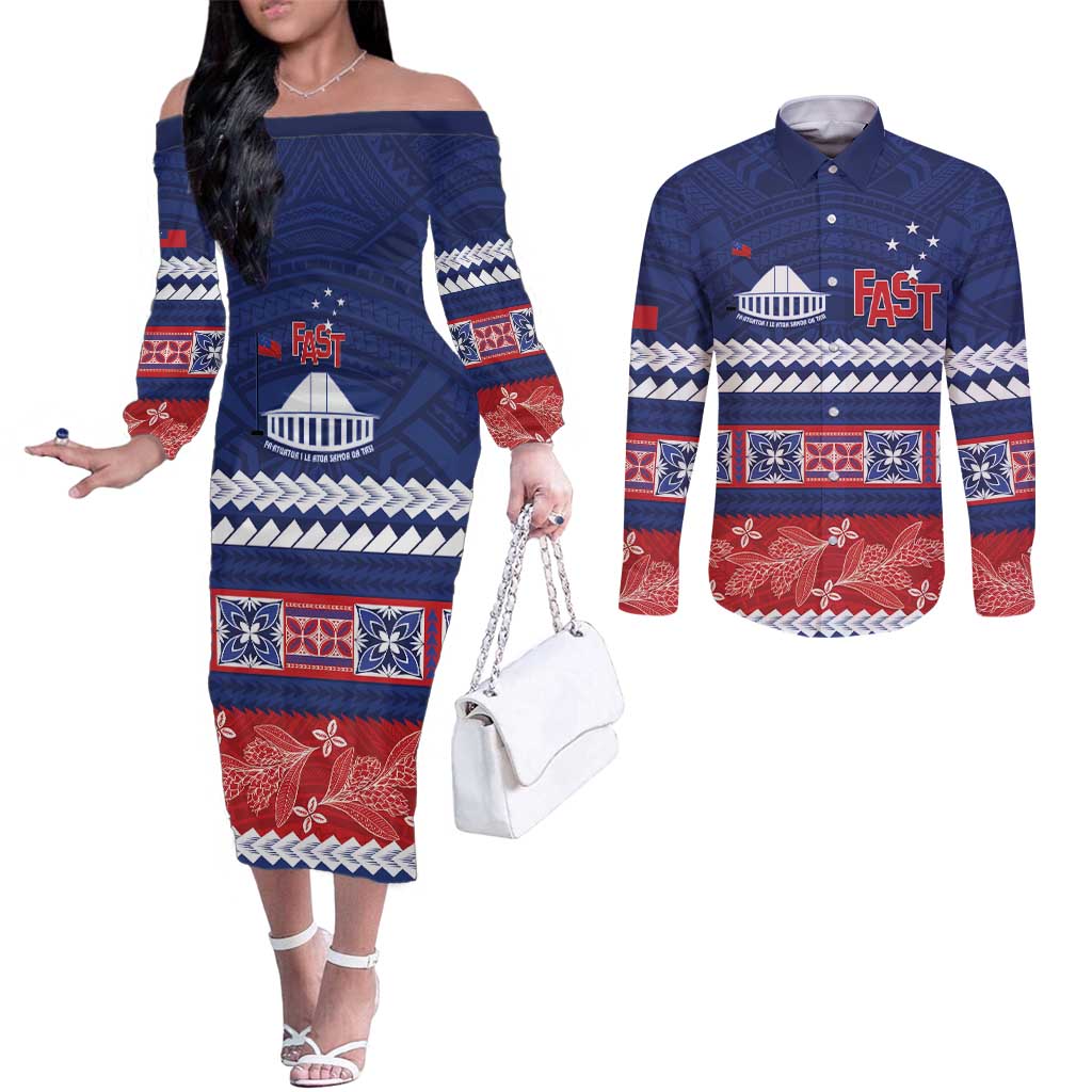 Personalised FAST Samoa Siapo Couples Matching Off The Shoulder Long Sleeve Dress and Long Sleeve Button Shirt Teuila Flowers Samoan Pattern LT14 Blue - Polynesian Pride
