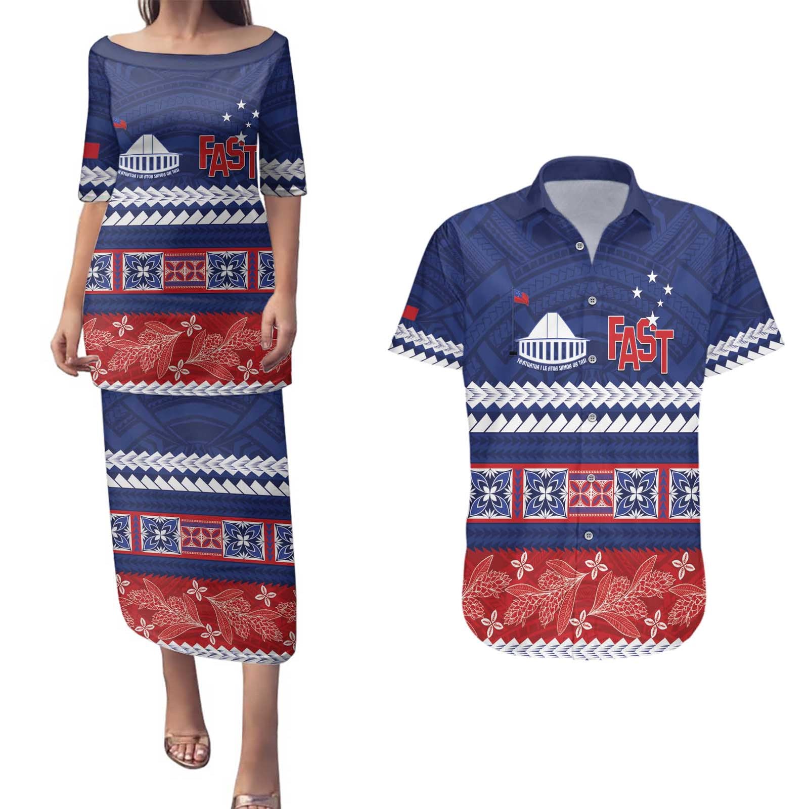 Personalised FAST Samoa Siapo Couples Matching Puletasi and Hawaiian Shirt Teuila Flowers Samoan Pattern LT14 Blue - Polynesian Pride