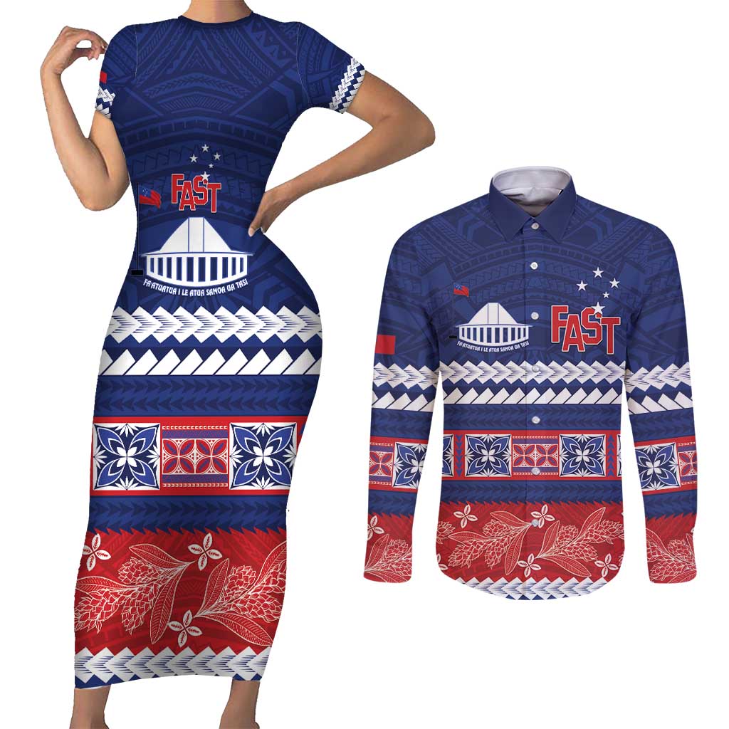 Personalised FAST Samoa Siapo Couples Matching Short Sleeve Bodycon Dress and Long Sleeve Button Shirt Teuila Flowers Samoan Pattern LT14 Blue - Polynesian Pride