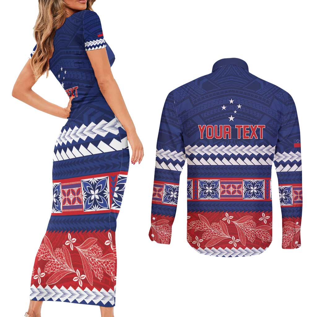 Personalised FAST Samoa Siapo Couples Matching Short Sleeve Bodycon Dress and Long Sleeve Button Shirt Teuila Flowers Samoan Pattern - Polynesian Pride