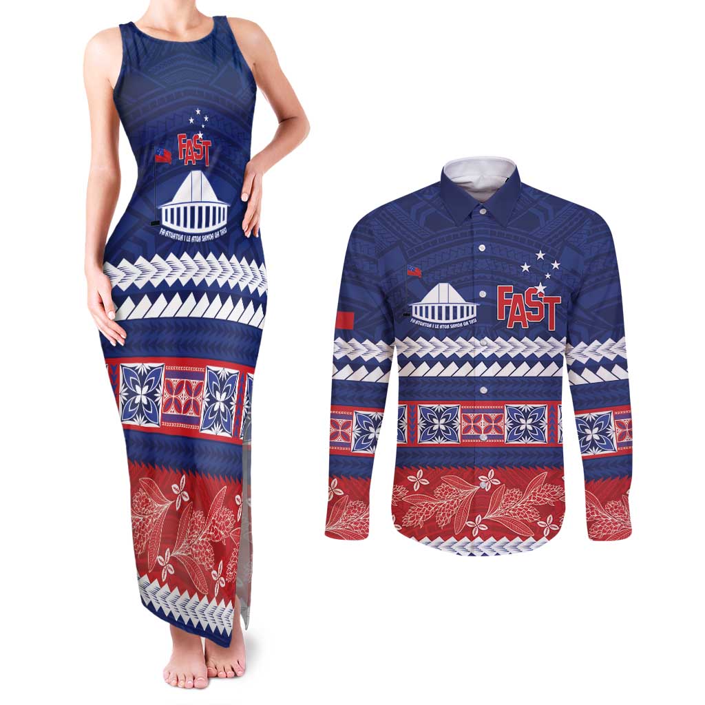 Personalised FAST Samoa Siapo Couples Matching Tank Maxi Dress and Long Sleeve Button Shirt Teuila Flowers Samoan Pattern LT14 Blue - Polynesian Pride