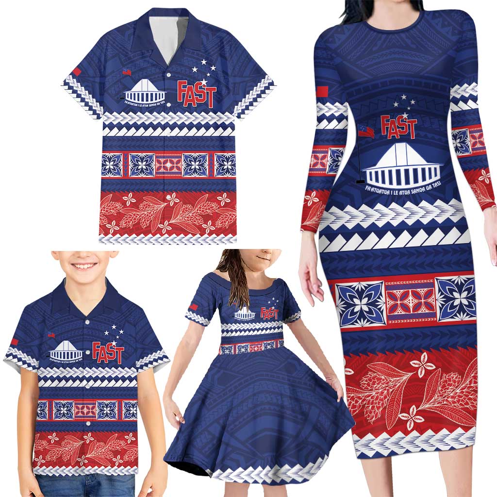 Personalised FAST Samoa Siapo Family Matching Long Sleeve Bodycon Dress and Hawaiian Shirt Teuila Flowers Samoan Pattern - Polynesian Pride