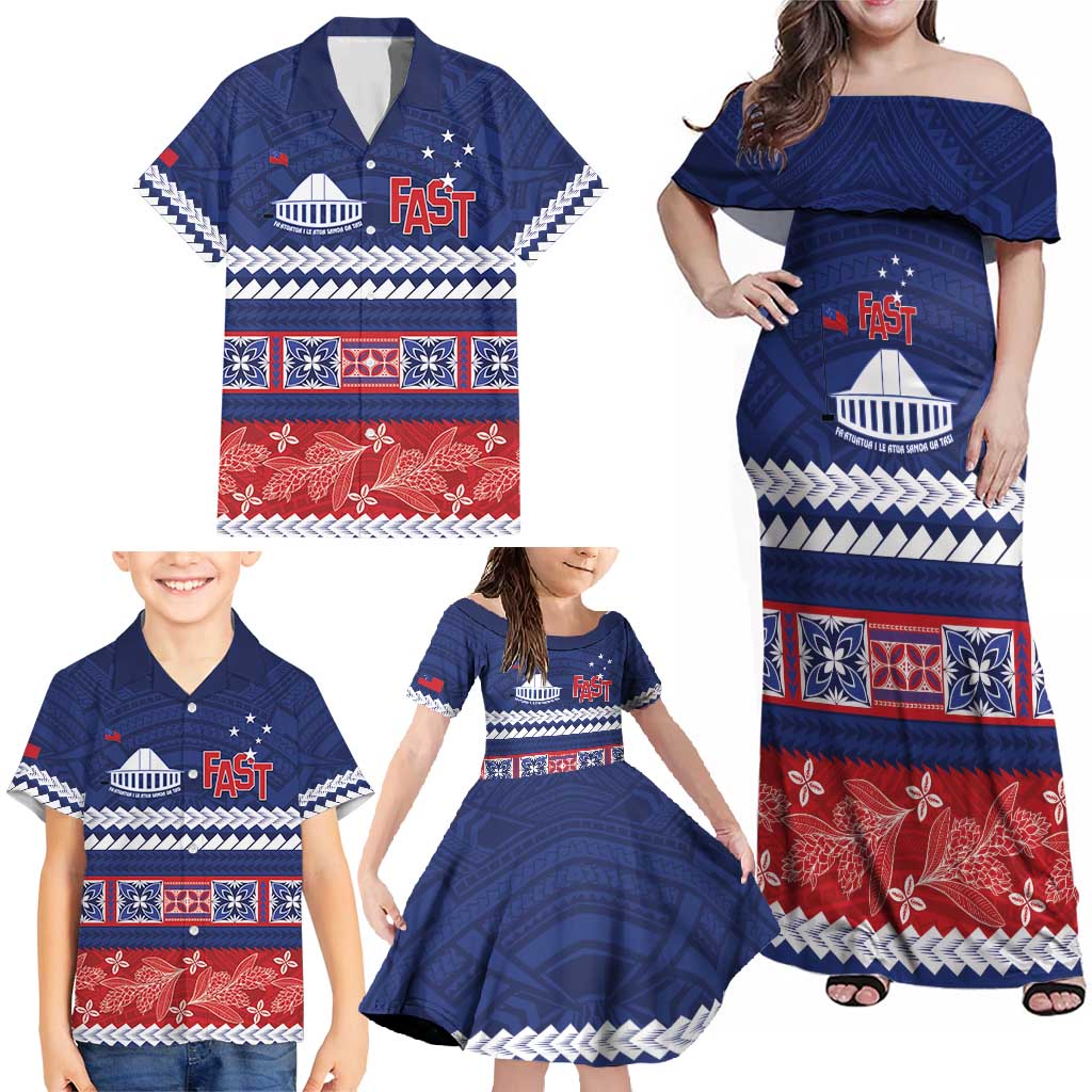 Personalised FAST Samoa Siapo Family Matching Off Shoulder Maxi Dress and Hawaiian Shirt Teuila Flowers Samoan Pattern - Polynesian Pride