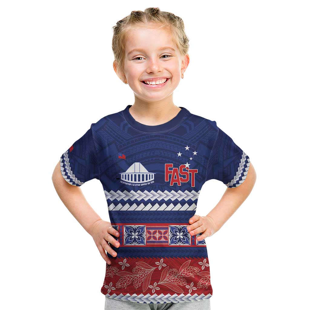 Personalised FAST Samoa Siapo Kid T Shirt Teuila Flowers Samoan Pattern LT14 Blue - Polynesian Pride