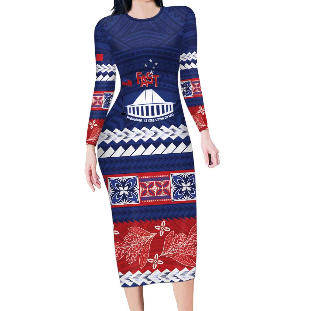 Personalised FAST Samoa Siapo Long Sleeve Bodycon Dress Teuila Flowers Samoan Pattern - Polynesian Pride