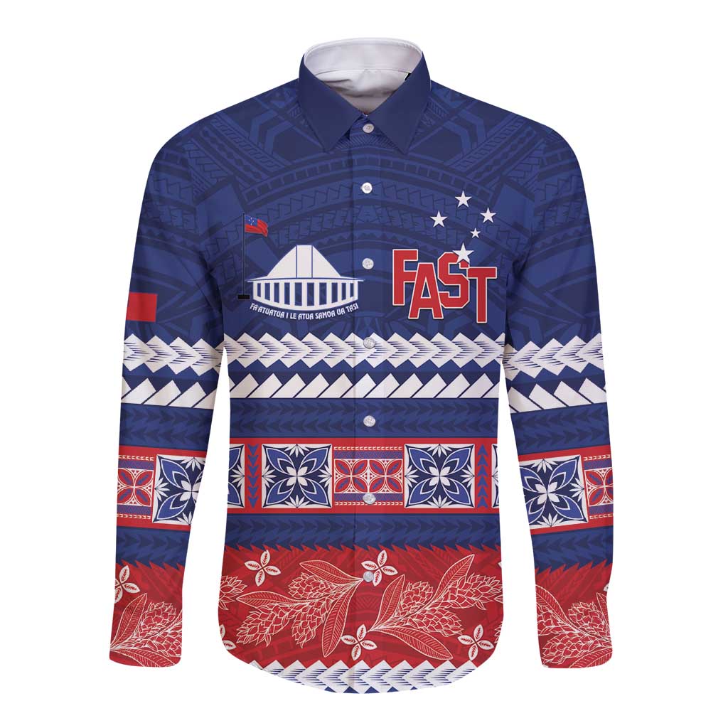 Personalised FAST Samoa Siapo Long Sleeve Button Shirt Teuila Flowers Samoan Pattern - Polynesian Pride
