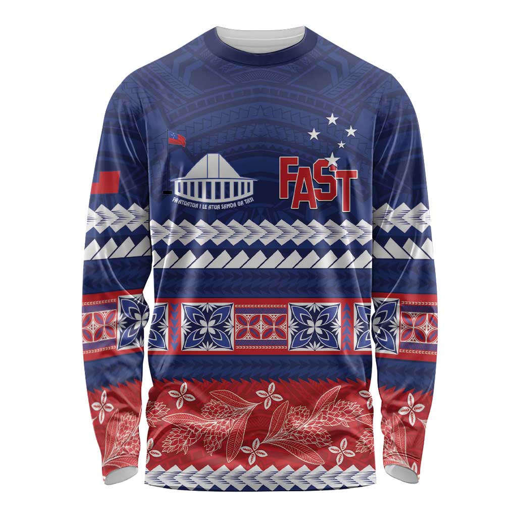 Personalised FAST Samoa Siapo Long Sleeve Shirt Teuila Flowers Samoan Pattern LT14 Unisex Blue - Polynesian Pride