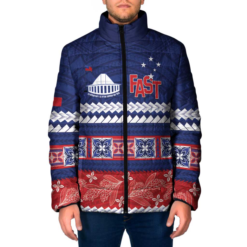 Personalised FAST Samoa Siapo Padded Jacket Teuila Flowers Samoan Pattern LT14 Men Blue - Polynesian Pride