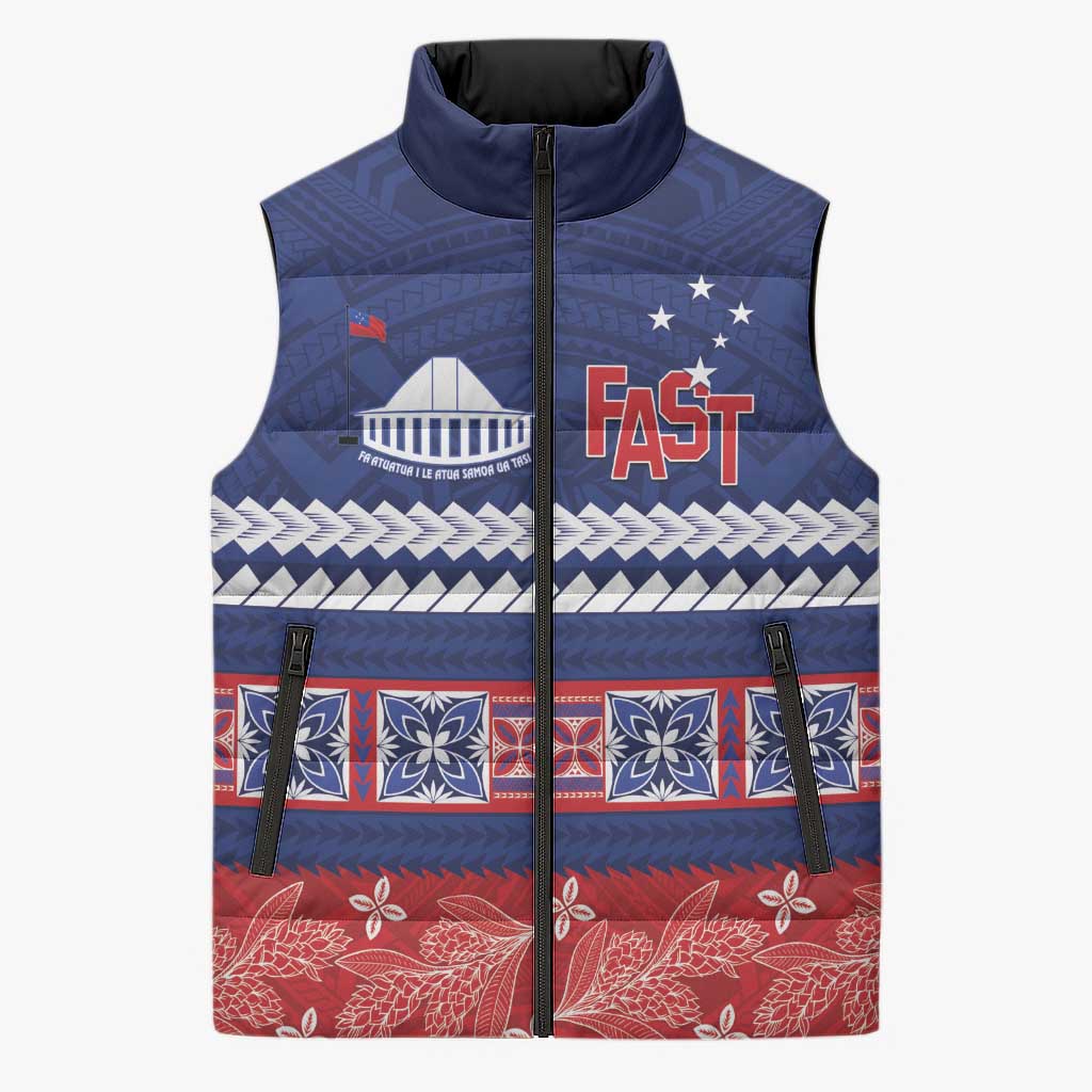 Personalised FAST Samoa Siapo Sleeveless Puffer Jacket Teuila Flowers Samoan Pattern LT14 Unisex Blue - Polynesian Pride