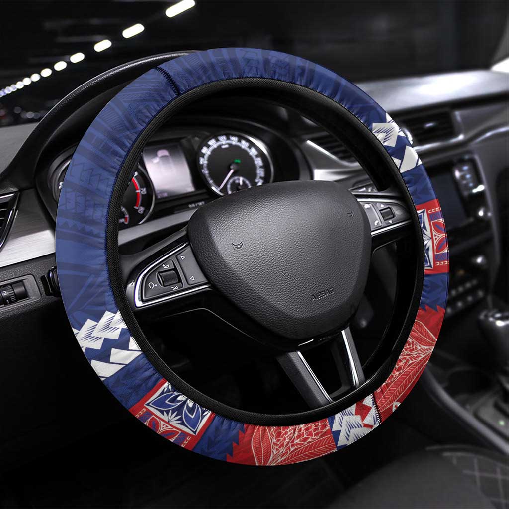 FAST Samoa Siapo Steering Wheel Cover Teuila Flowers Samoan Pattern LT14 Universal Fit Blue - Polynesian Pride