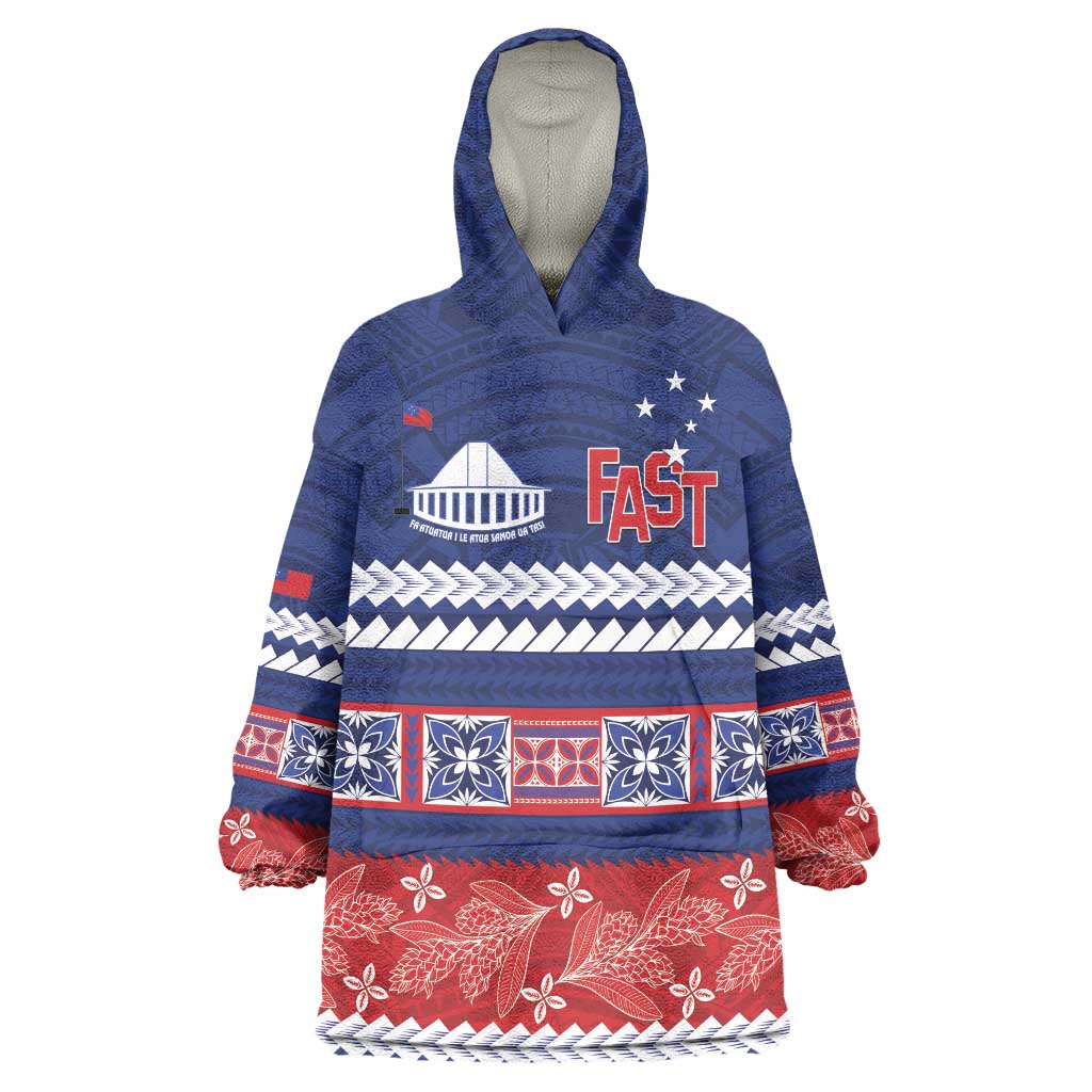 Personalised FAST Samoa Siapo Wearable Blanket Hoodie Teuila Flowers Samoan Pattern LT14 One Size Blue - Polynesian Pride