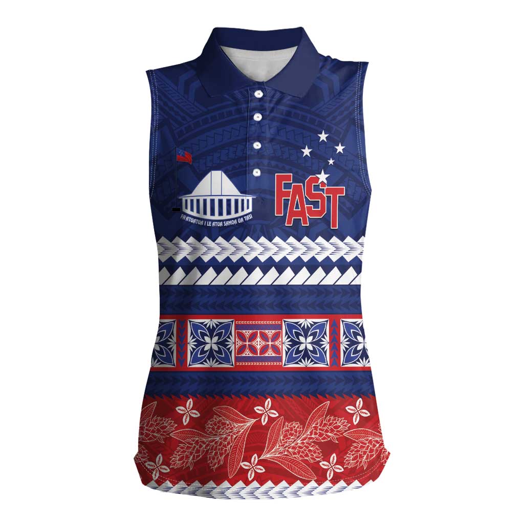 Personalised FAST Samoa Siapo Women Sleeveless Polo Shirt Teuila Flowers Samoan Pattern LT14 Female Blue - Polynesian Pride