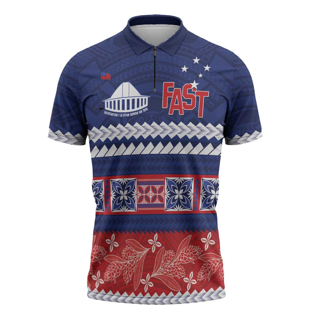 Personalised FAST Samoa Siapo Zipper Polo Shirt Teuila Flowers Samoan Pattern LT14 Blue - Polynesian Pride