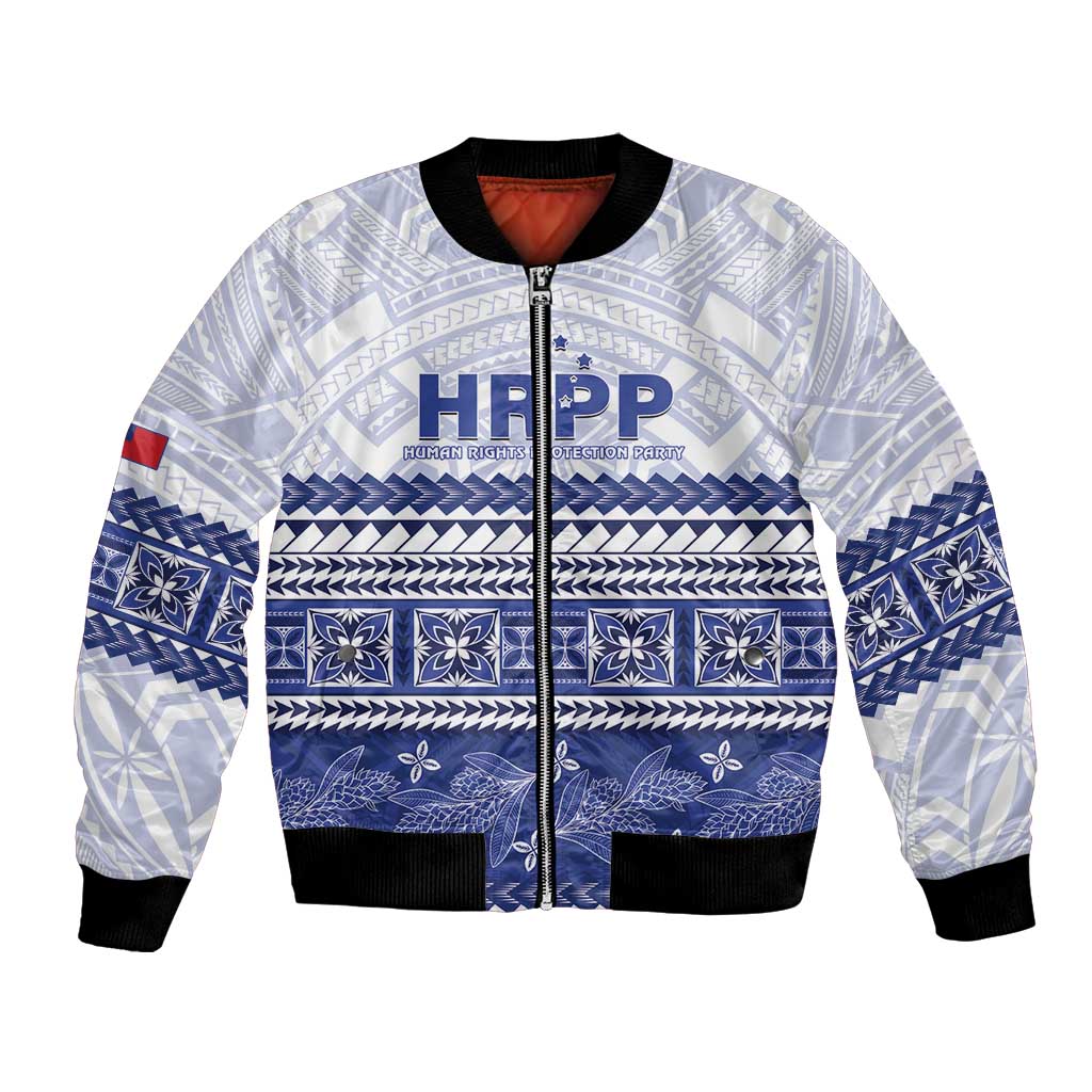 Personalised HRPP Samoa Siapo Bomber Jacket Teuila Flowers Samoan Pattern LT14 Unisex White - Polynesian Pride