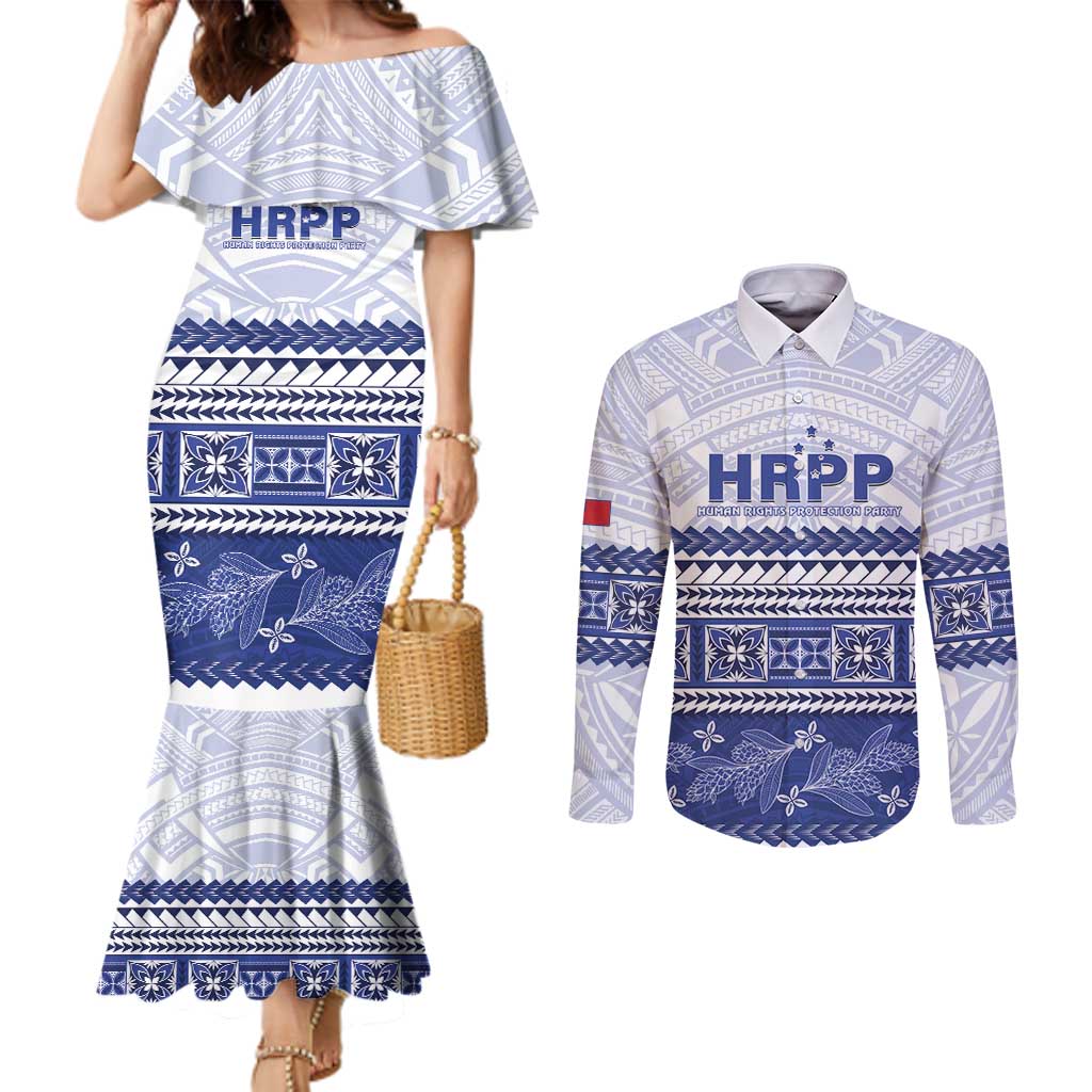 Personalised HRPP Samoa Siapo Couples Matching Mermaid Dress and Long Sleeve Button Shirt Teuila Flowers Samoan Pattern - Polynesian Pride