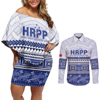 Personalised HRPP Samoa Siapo Couples Matching Off Shoulder Short Dress and Long Sleeve Button Shirt Teuila Flowers Samoan Pattern - Polynesian Pride