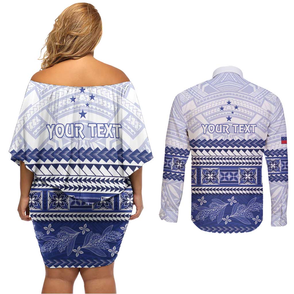 Personalised HRPP Samoa Siapo Couples Matching Off Shoulder Short Dress and Long Sleeve Button Shirt Teuila Flowers Samoan Pattern - Polynesian Pride