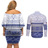 Personalised HRPP Samoa Siapo Couples Matching Off Shoulder Short Dress and Long Sleeve Button Shirt Teuila Flowers Samoan Pattern - Polynesian Pride