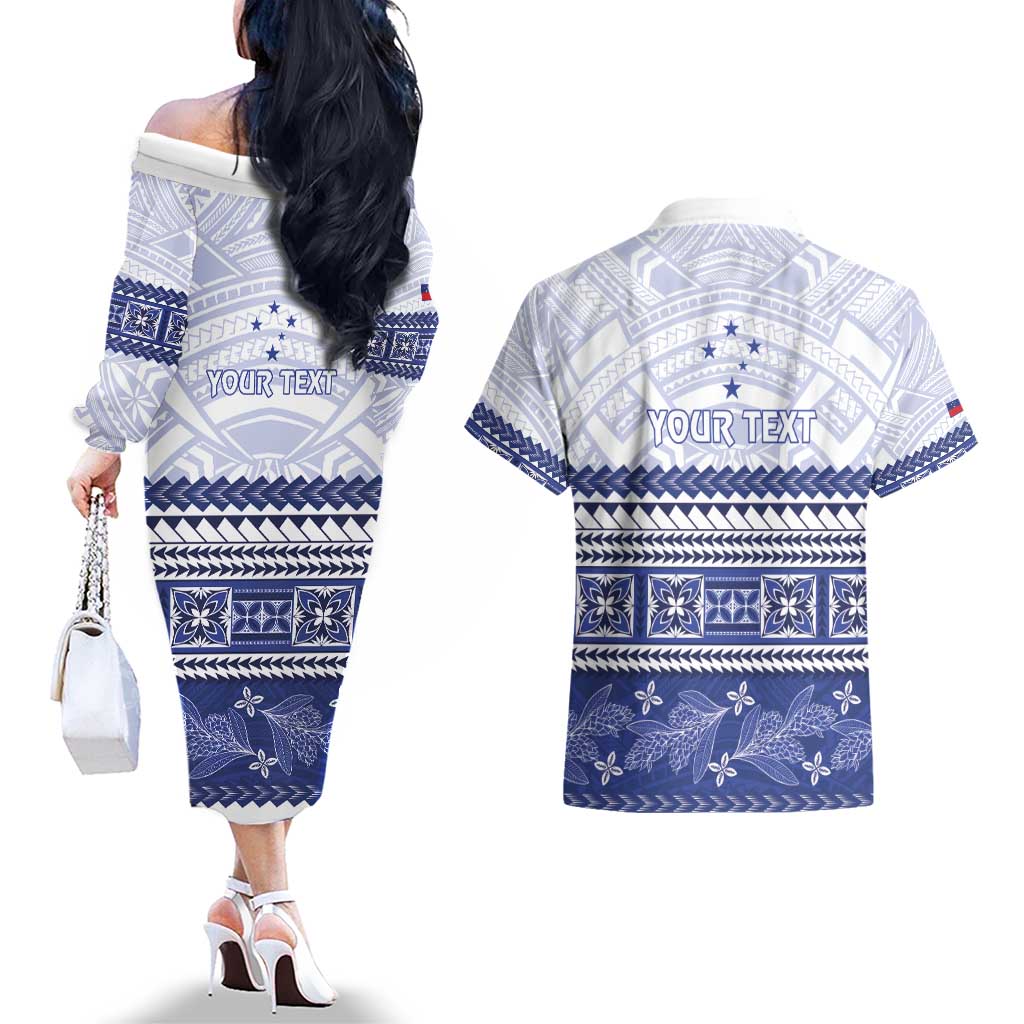 Personalised HRPP Samoa Siapo Couples Matching Off The Shoulder Long Sleeve Dress and Hawaiian Shirt Teuila Flowers Samoan Pattern - Polynesian Pride