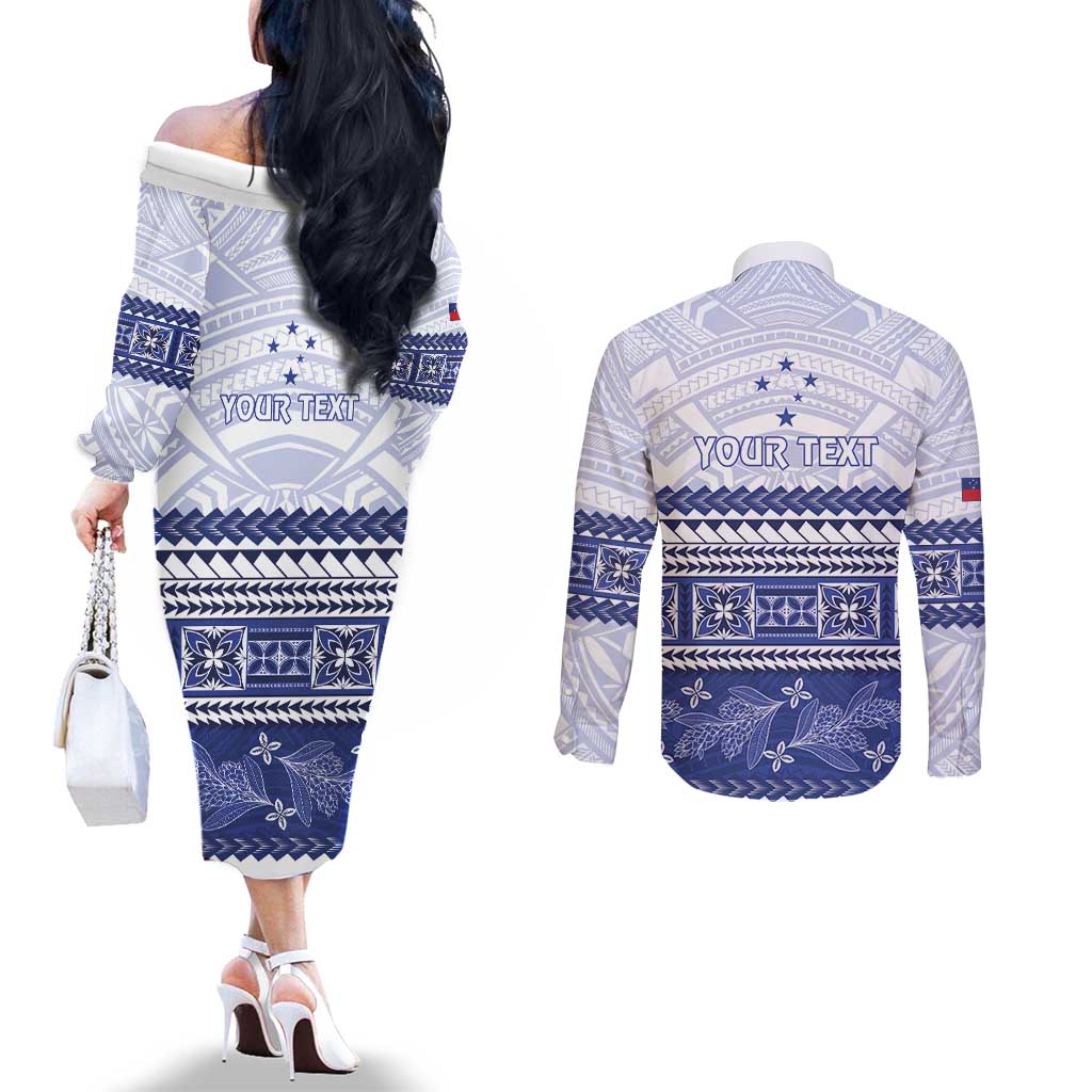 Personalised HRPP Samoa Siapo Couples Matching Off The Shoulder Long Sleeve Dress and Long Sleeve Button Shirt Teuila Flowers Samoan Pattern - Polynesian Pride