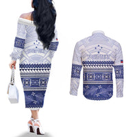 Personalised HRPP Samoa Siapo Couples Matching Off The Shoulder Long Sleeve Dress and Long Sleeve Button Shirt Teuila Flowers Samoan Pattern - Polynesian Pride