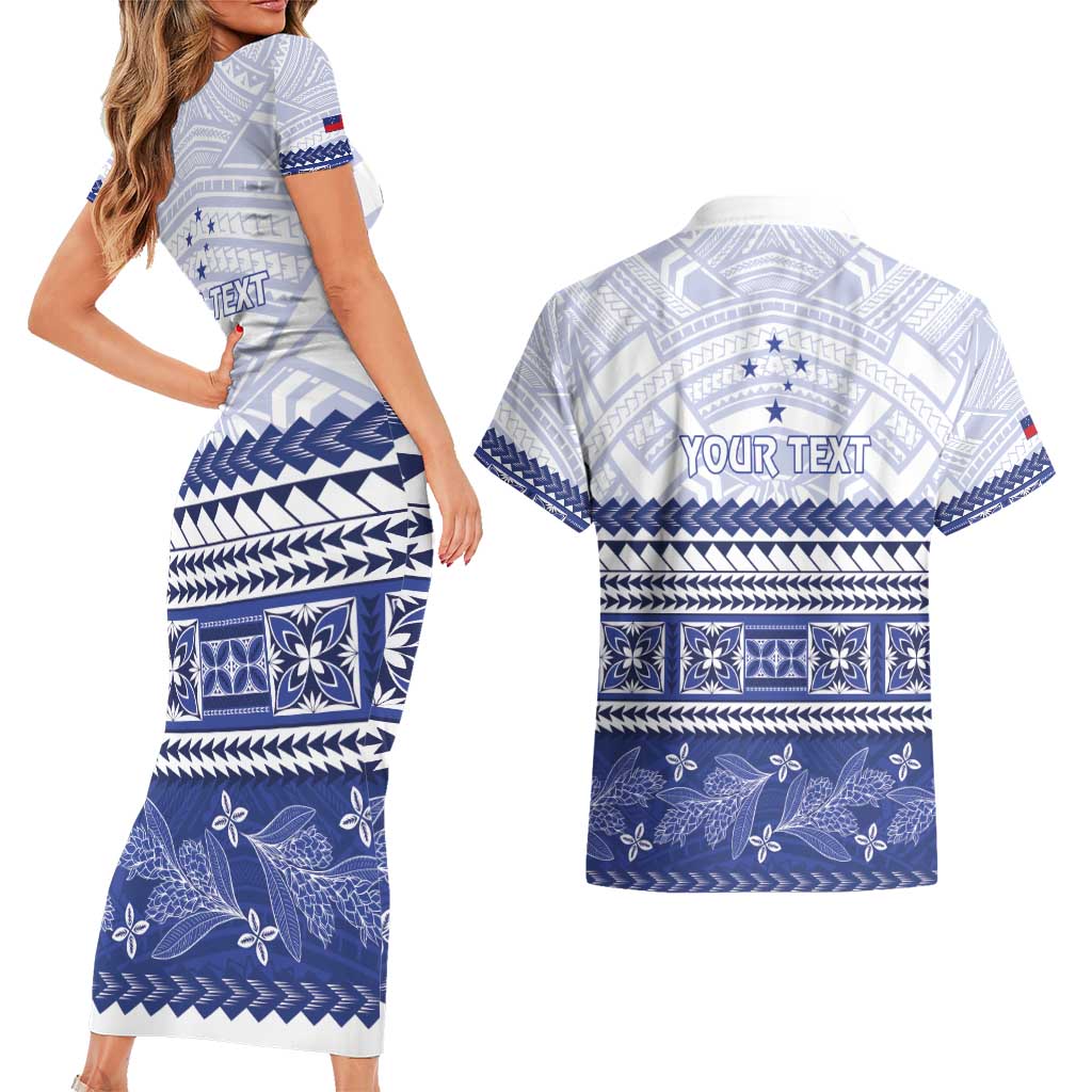 Personalised HRPP Samoa Siapo Couples Matching Short Sleeve Bodycon Dress and Hawaiian Shirt Teuila Flowers Samoan Pattern - Polynesian Pride